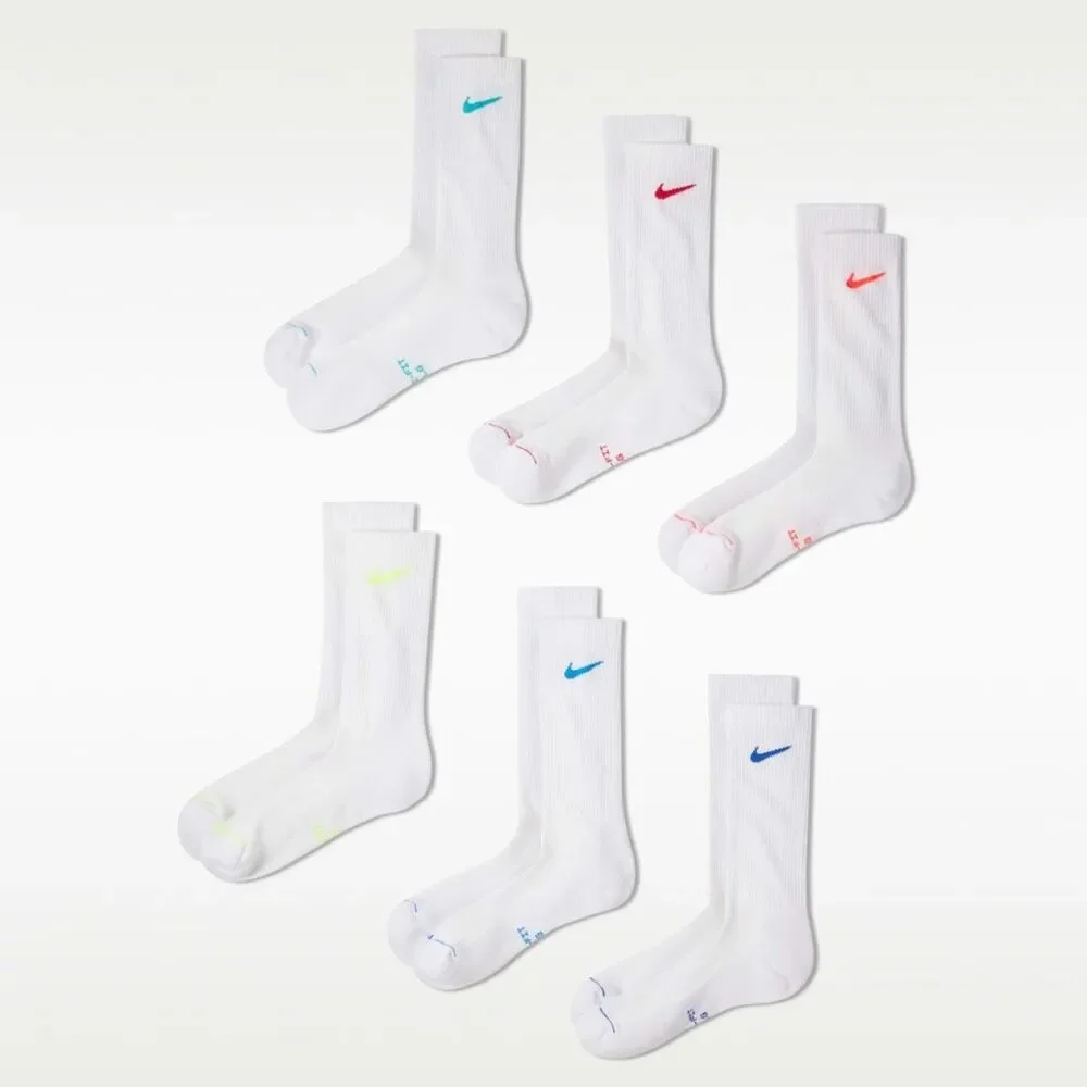 #44. Nike White/Color Swoosh 6Pk Everyday Plus Cushion Crew Socks NWT
